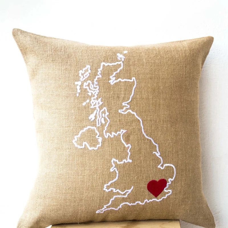 Burlap Pillows Country Map Cushion Personalized Embroidered Cushion Cover Monogrammed