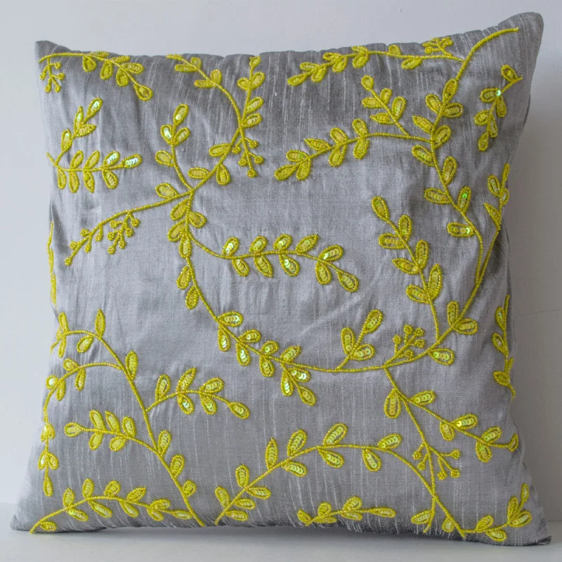 Grey Yellow throw pillows with beads detail -Beaded Leaves pillows -Silk pillows -Cushion cover -Gift pillow -16X16- Beaded Couch Pillows