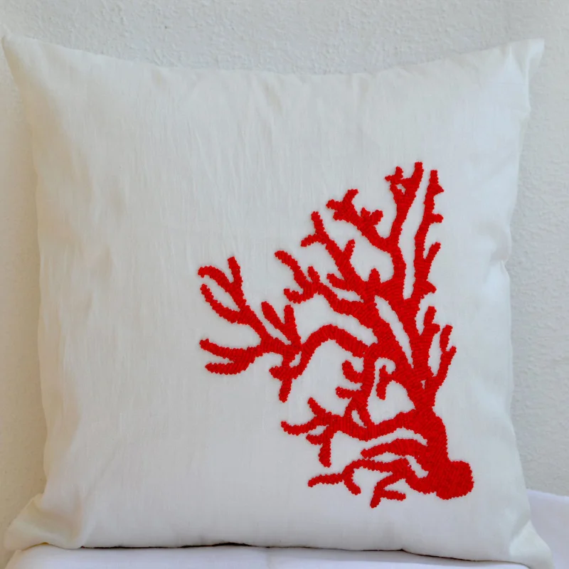 Ivory white pillow - Beaded coral pillow - Decorative throw pillow - Nautical pillow - Coral reef pillow - Silk pilow - 16x16 - gift pillow