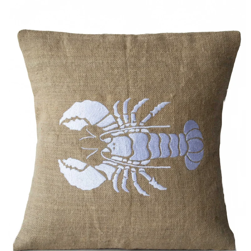 Sea pillow Cover- Embroidered lobster pillow- Burlap pillow- White lobster throw pillow- Gift- Bedding- White cushion- Oceanic pillow