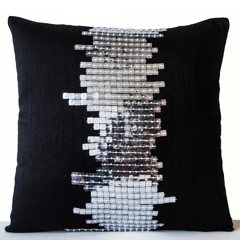 Silk Pillow Cases With New York City Lights Embellished In Silver Sequin Designer Geometric Cushion Cover