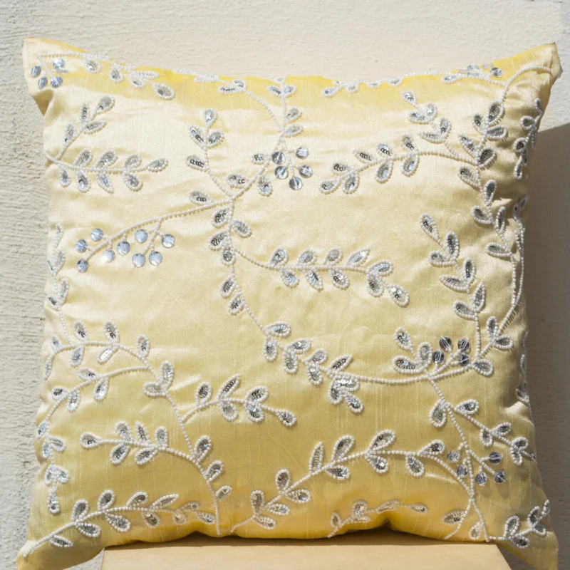 Yellow throw pillows bead sequin detail