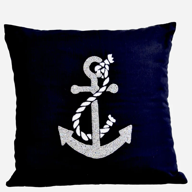 Nautical throw pillows- Beach throw pillows -Anchor throw pillows- Embroidered Pillow -16X16- Modern couch pillows- Gift Pillow- Navy pillow