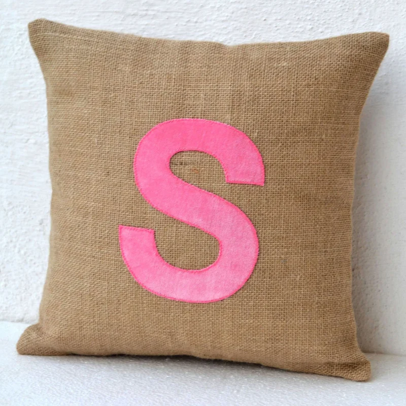 Customized Monogram Throw Pillow Burlap Cushion Cover