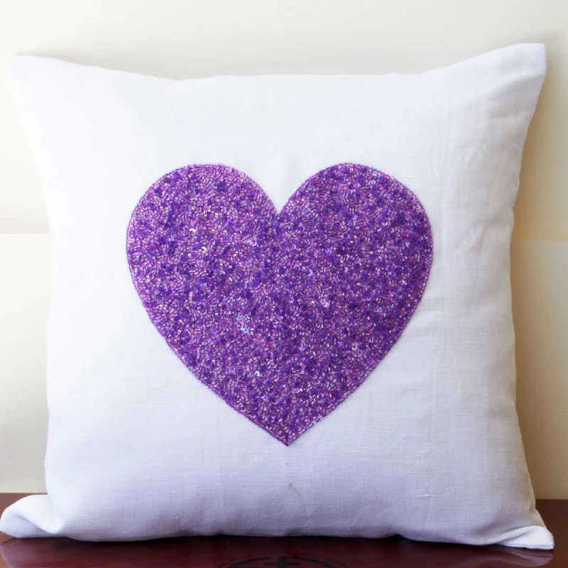 White linen heart pillow cover with purple sequin heart - Decorative cushion cover- Gift of love - Throw pillow 16X16 Couch pillow - Heart