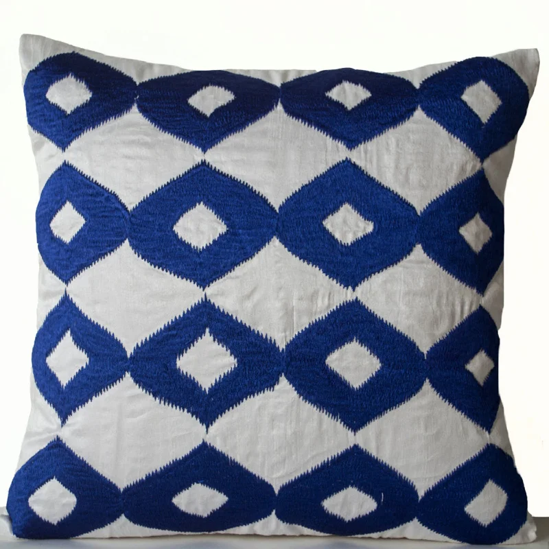 Decorative Throw Pillow -Royal Blue Embroider Pillows- White Silk Ikat Embroider Cushion