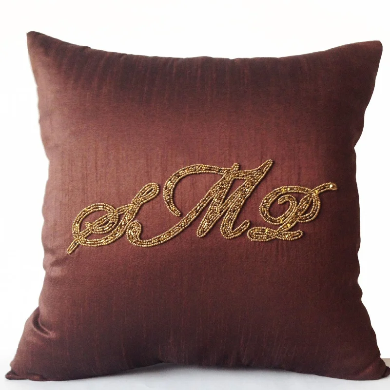 Custom Monogrammed Throw Pillow Cover in Brown with Luxurious Custom Embroidery Sequin Monogrammed Decorative Pillows