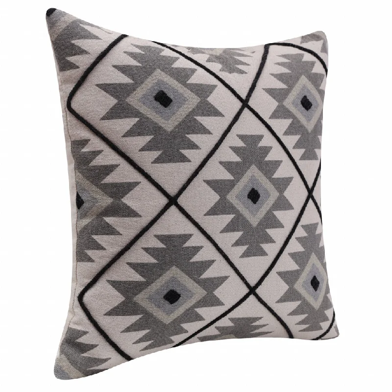 20" X 20" Gray And Black 100% Cotton Geometric Zippered Pillow