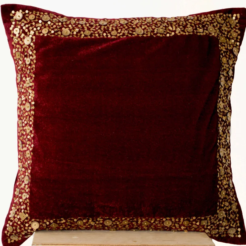 Velvet Throw Pillows -Maroon Velvet cushion with gold sequin boarder -sequin bead pillow -16X16 -Dark red pillow - gift pillow- Couch pillow