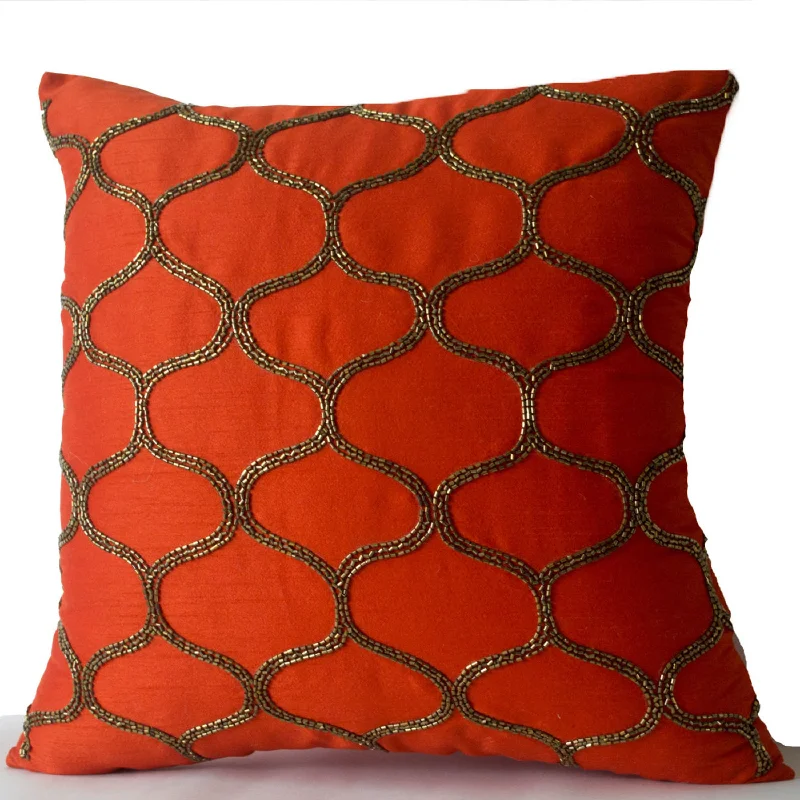 Orange Decorative Pillow -Orange Pillow -Orange Silk Pillow - Orange Brown Gold Pillow Covers -Sequin Pillows -18x18 -Gift -Autumn Decor