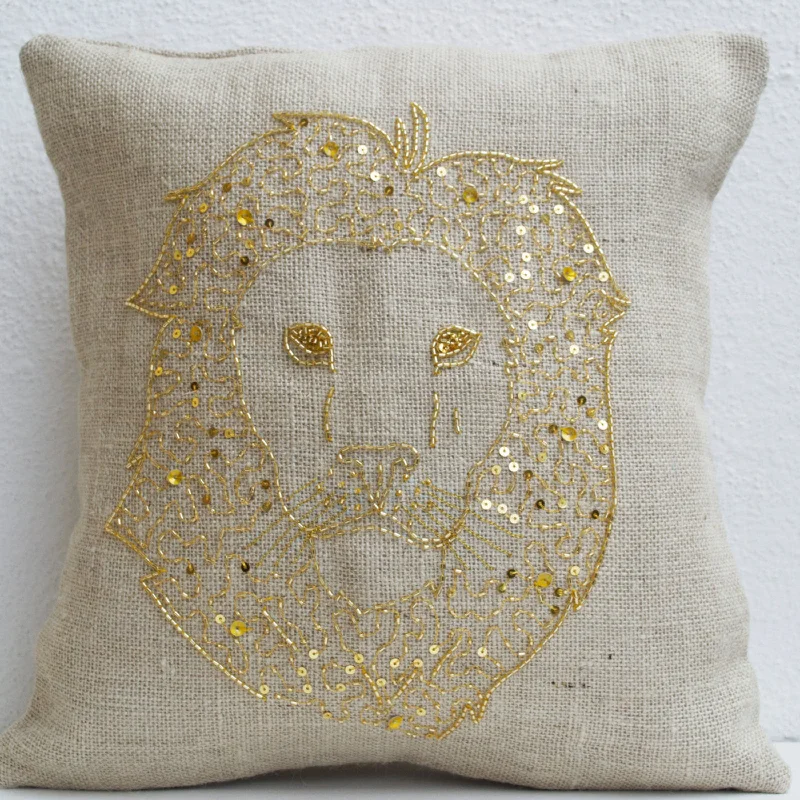 Lion Pillows - Animal pillow with lion embroidered in gold sequin -Burlap pillows -Gold lion pillow - Gold pillows- Wildlife pillows 16x16