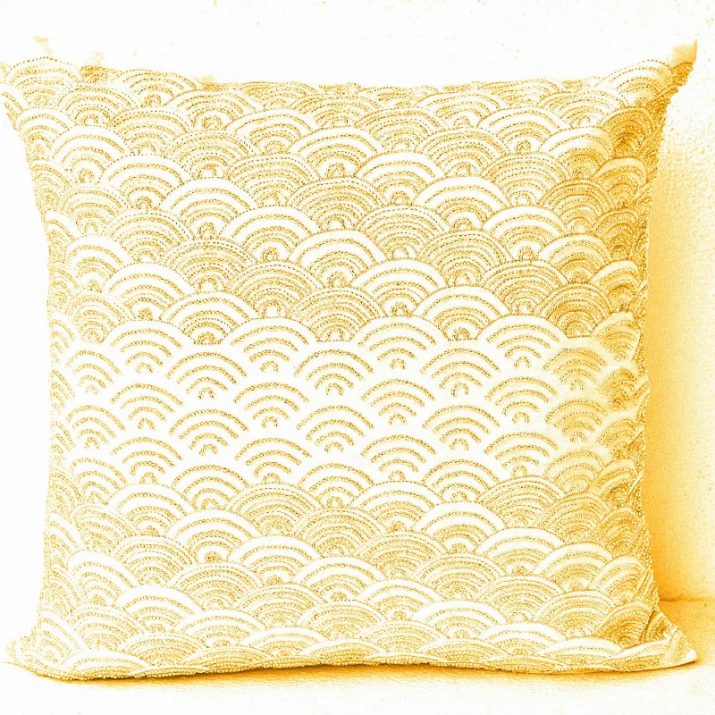 Rich Gold Beads On Cream Silk Throw Pillow Covers, Glamorous Gold Shimmering Metallic Scales Sashiko Cushion