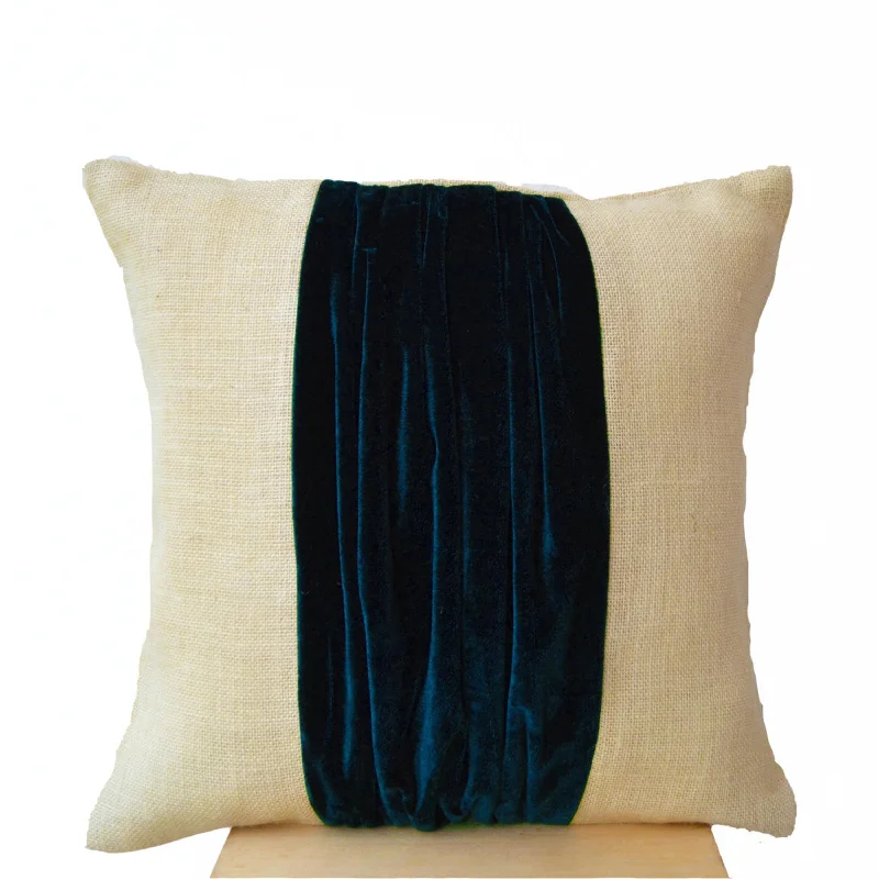 Pleats in Luxe Navy Blue Velvet on Ivory Burlap Pillow Cover Color Block Pillow For Designer Home Decor