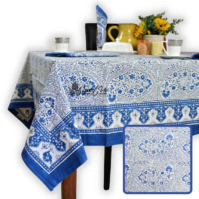 Princess Paisley Block Print Cotton Floral Tablecloth Square, Serene Blue