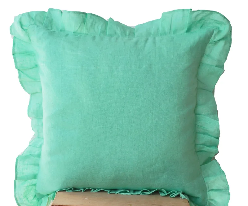 Seville Throw pillows - Tiffany Blue Pillows- Linen Blend Ruffled Edge Pillow- 16x16- Gift- Linen Decorative Pillows-Seville Linen Pillow