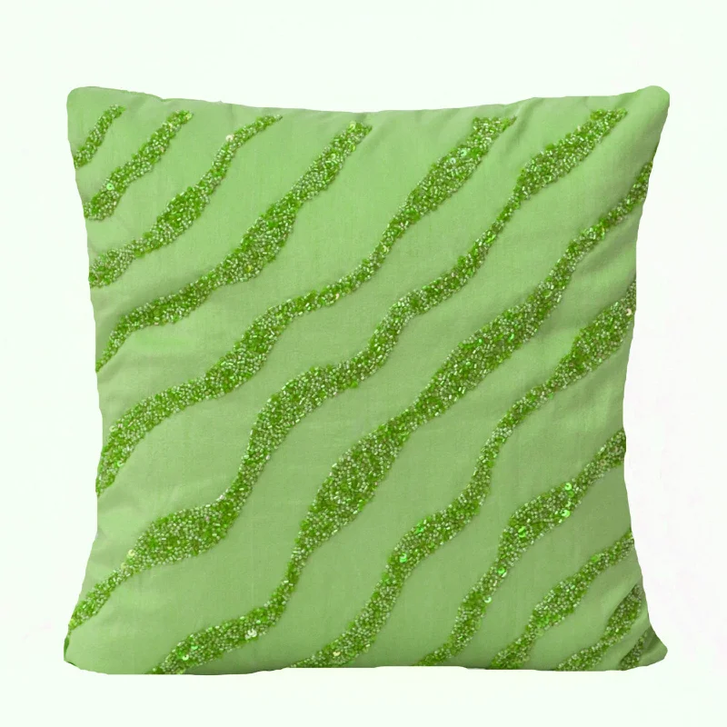 Green throw Pillows - Green waves sequin bead detail cushion - Sequin bead pillow - 16X16 green pillow - gifts - Green decorative pillows