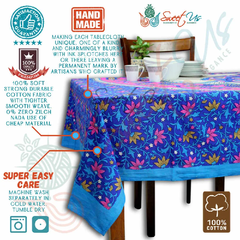 Cotton Floral Peacock Tablecloth Rectangle Blue Pink Gold White