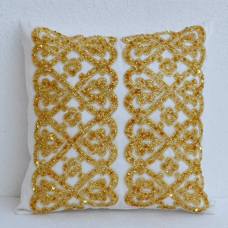 White geometric throw pillows beaded  detail - Gold bead pillow - Silk pillow - Cushion cover zipper - Gift pillow 16X16- White gold pillow