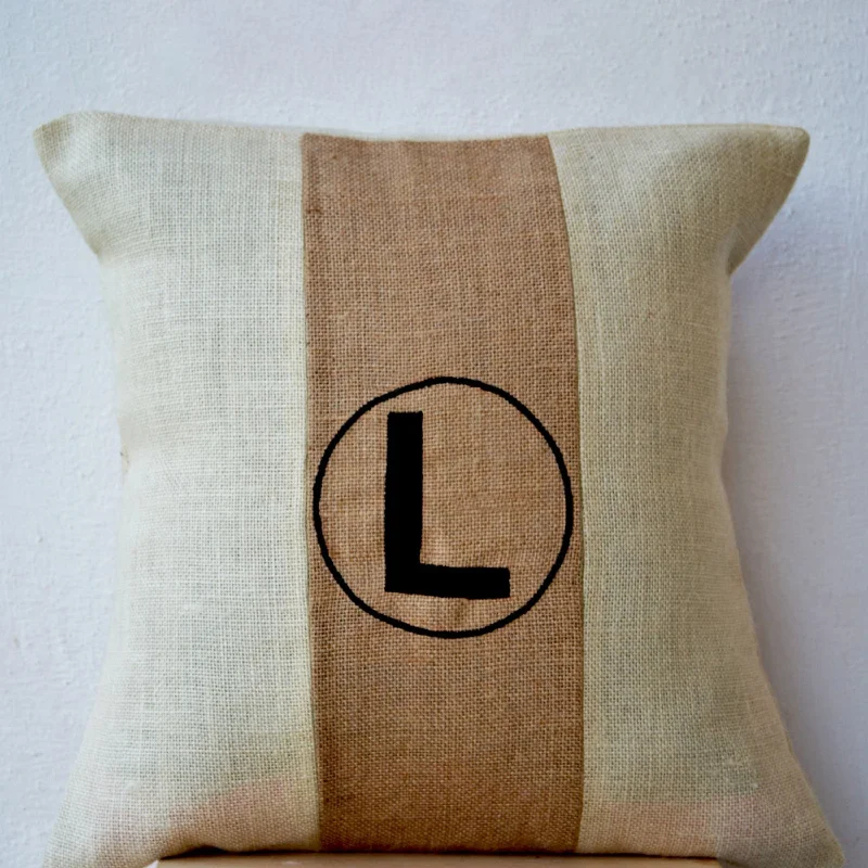 Chic Monogram Burlap Pillow Throw Pillow Color Block Beige Ivory Jute Cushion