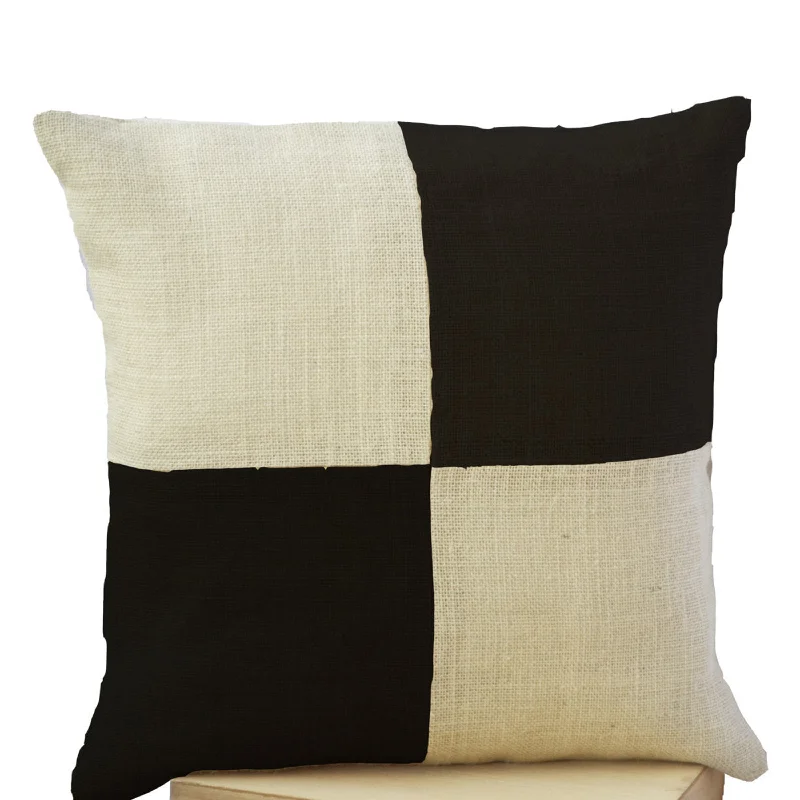 Burlap Pillow Cream Black Pillow Colorblock Ivory Black Decorative Cushion Cover