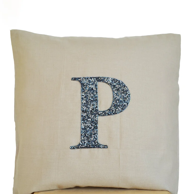 Customised Grey Sequin Monogram On Beige Linen Initial Pillow Cover