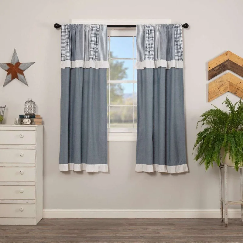 Sawyer Mill Blue Short Panel Curtain with Attached Patchwork Valance Set of 2 36"x63"