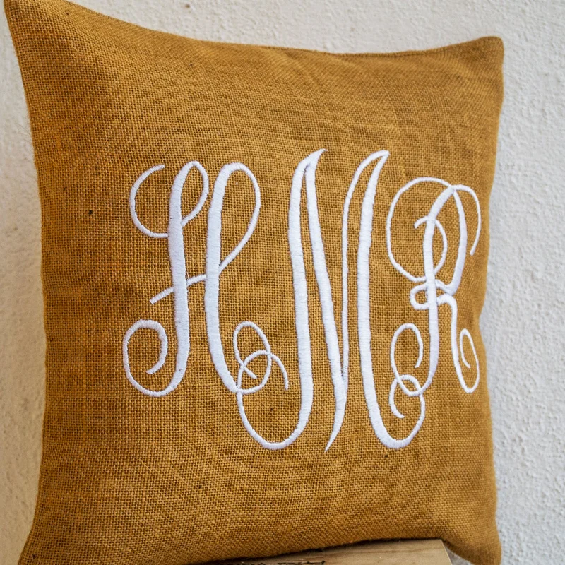 Monogram Throw Pillows Handcrafted in Mustard Burlap Custom Personalized Cushion