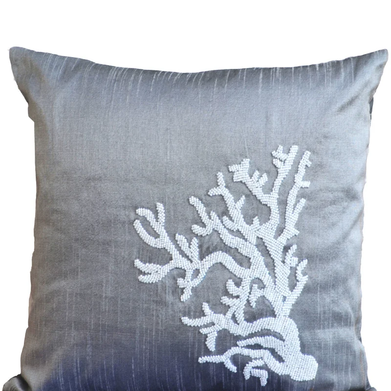 Grey pillow - Beaded coral pillow - Decorative throw pillow -Nautical pillow - Coral reef pillow- Silk pilow covers - 16x16 - gift - Oceanic