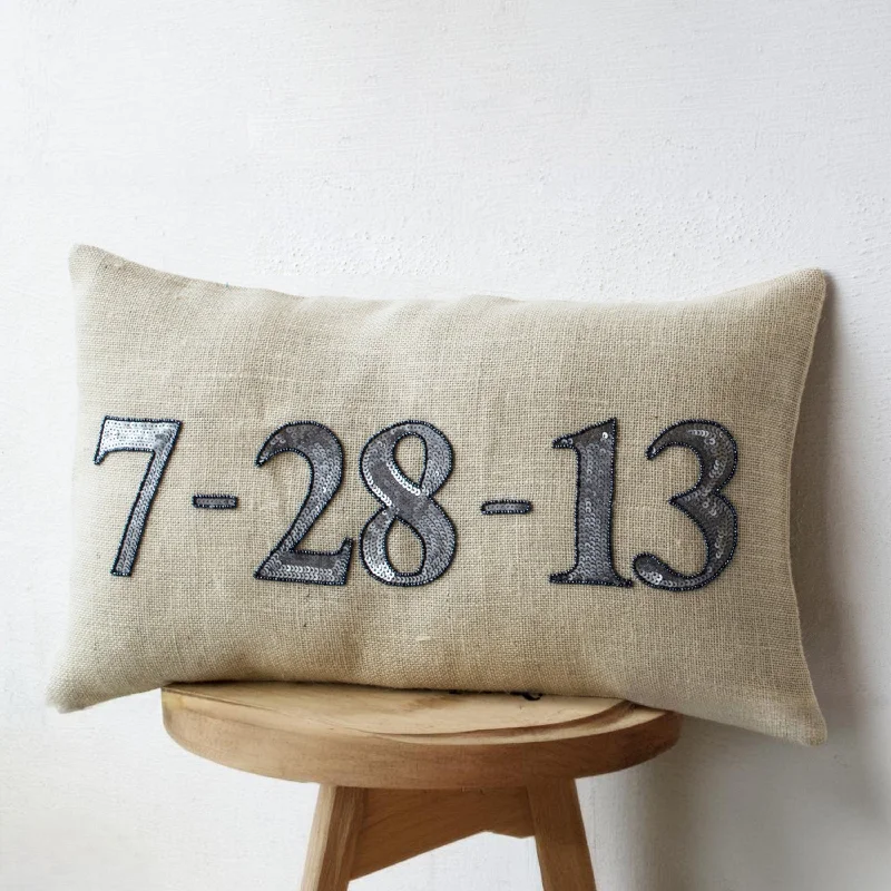 Personalized  date pillows- Ivory Burlap pillows- Decorative throw pillows with monogrammed date to remember- Outdoor pillows-lumbar pillow