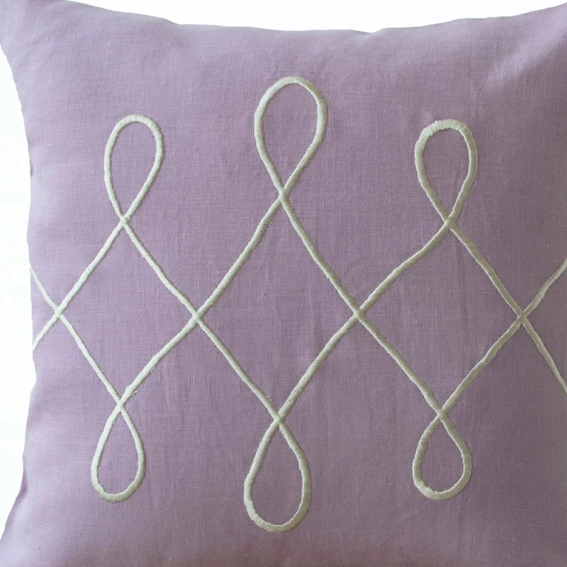 Purple Linen Pillow Cover with White Embroidery-Mauve Linen White Loop Pillow- White Cushion- Decorative Throw Pillow- 16x16- Modern Pillows