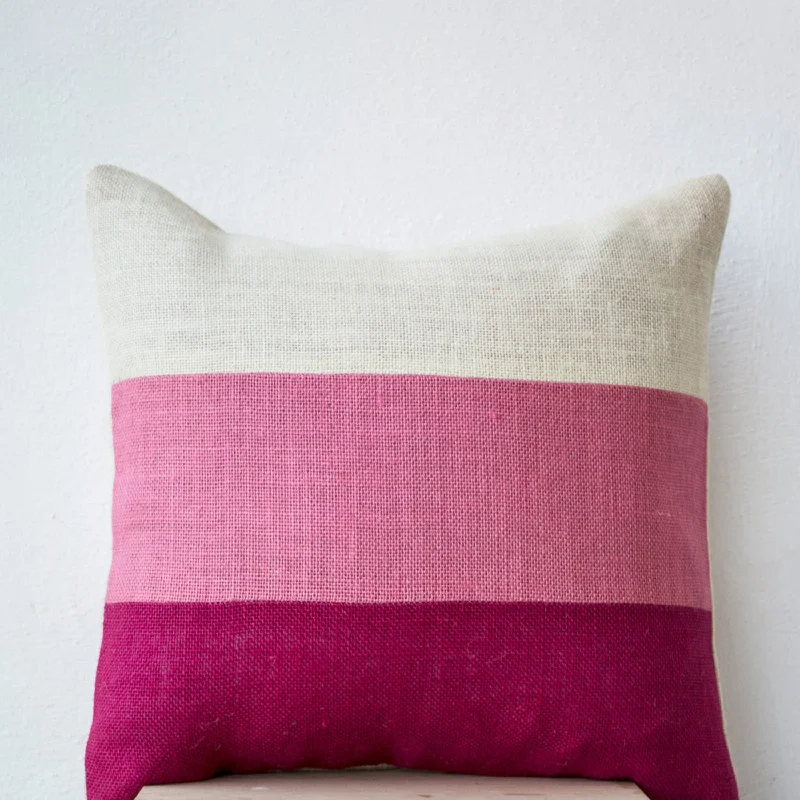 Chic Pink Burlap Throw Pillows Color Block With Pink Hues In Geometric Bold Stripes