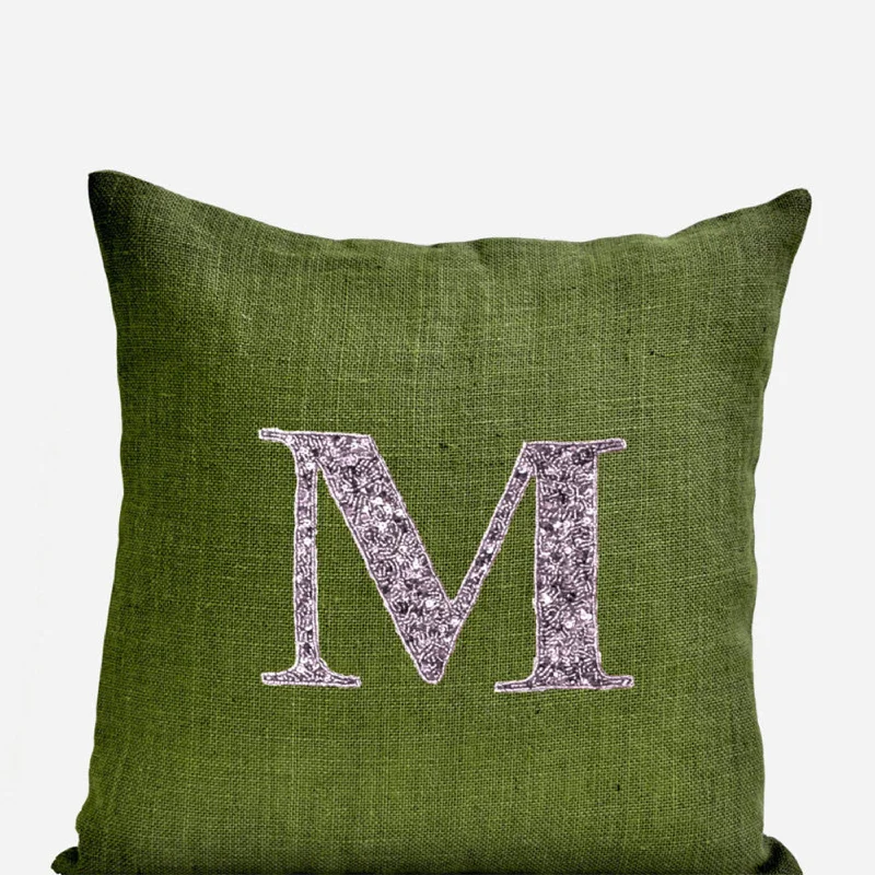 Green Burlap Silver Sequins Monogram Decorative Pillows for Home or Gifting