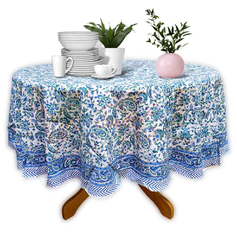 Block Print Tablecloth Round, Floral Paisley Love in Blue, Green, White