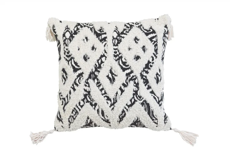 18" X 18" Black And White Ikat Zippered Polyester And Cotton Blend Throw Pillow With Tassels