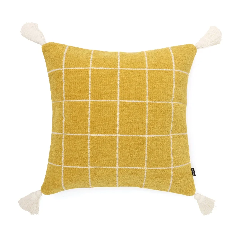 Check tassel cushion cover 450 x 450 Yellow