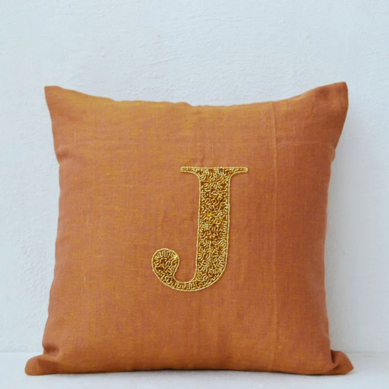 Monogram Pillow -  Gold sequin cushion - Linen pillow - 16X16 accent cushion - Decorative pillow -gift pillow