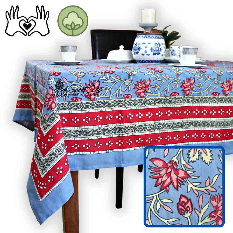 Fleurine Floral Cotton Tablecloth Rectangle, Glowing Red, Pink, Soft Blue