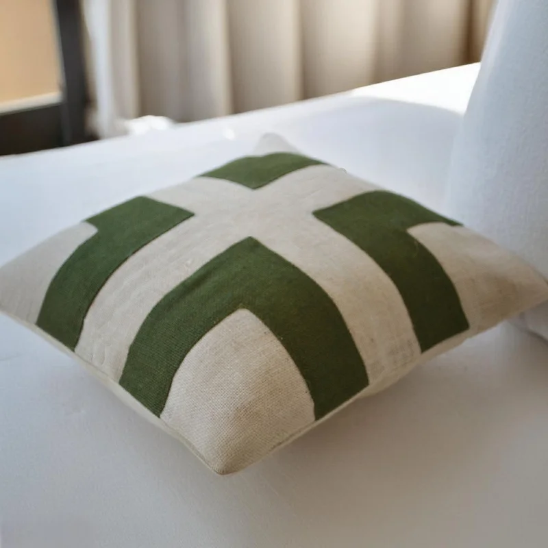 Cream Burlap Cushion Cover With Green Applique Decorative Cushion Cover In Bold Geometric Design