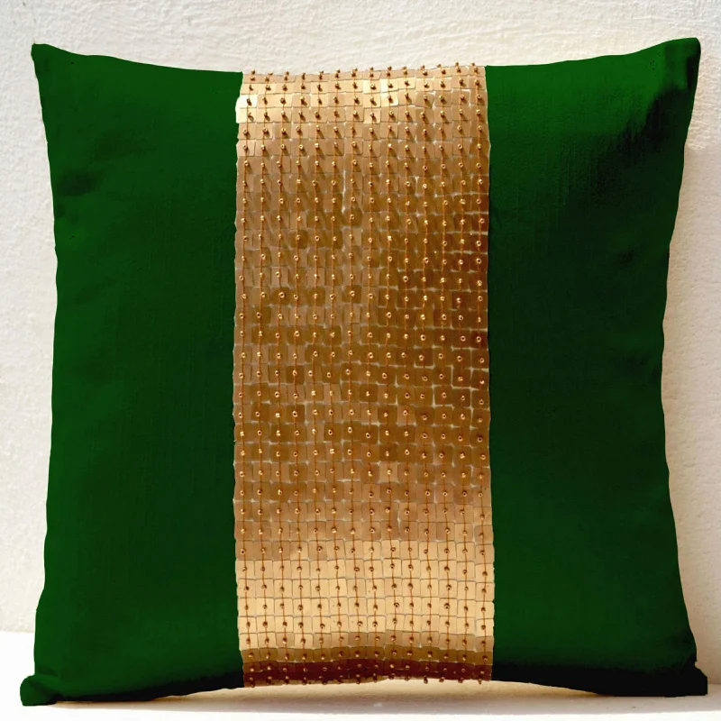 Throw Pillows - Emerald green gold color block in silk sequin bead detail cushion - sequin bead pillow - 16X16 Emerald green pillow - gift