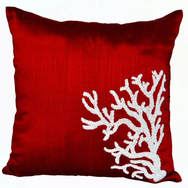 White Coral decorative throw pillows on red art silk - Oceanic pillow covers- Red silk pillows -Sofa pillows- Accent pillows- cushion cover