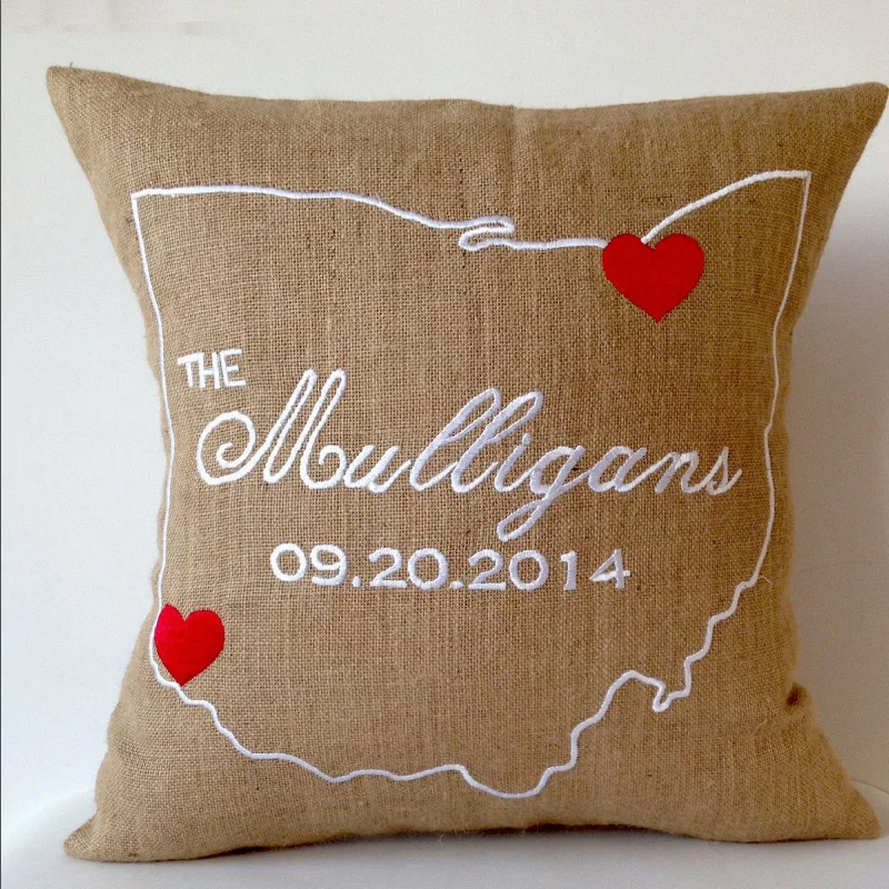 Burlap Pillow Case State Embroidery Personalized Pillow Burlap Cushion