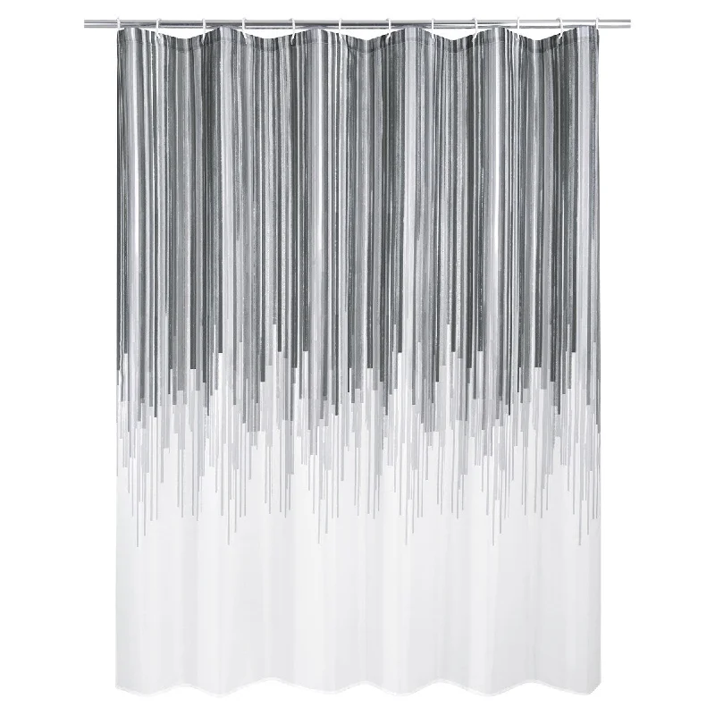 Variegated Top Stripe Grey 14-Piece Bath Set -Shower Curtain, Rug & Hooks - multi