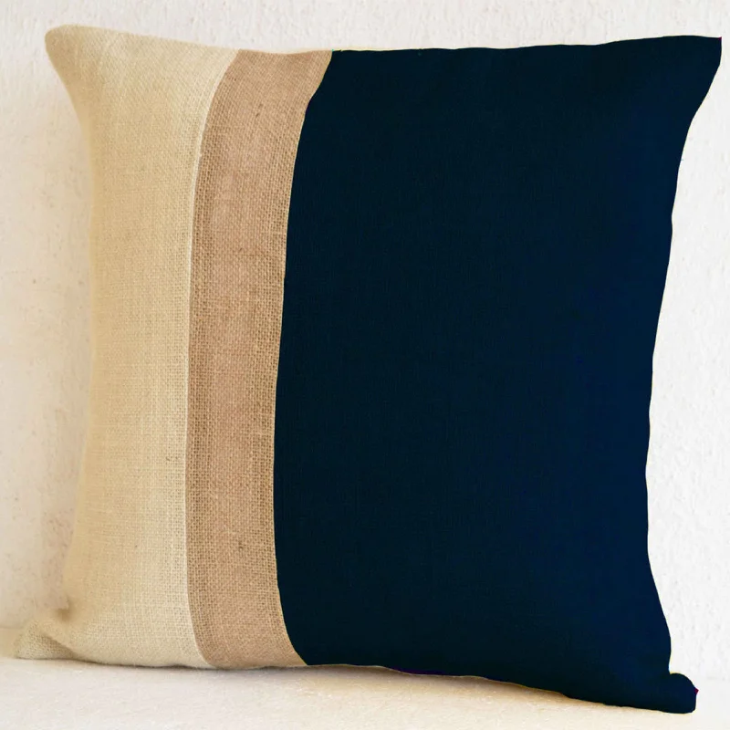 Stripes In Navy Blue Beige Ivory On Burlap Decorative Euro Sham And Other Sizes