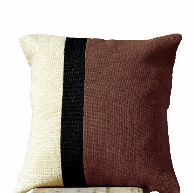 Burlap Taupe Pillow Color Block Decorative Cushion Cover Sofa Pillow