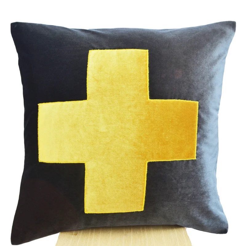 Gray Throw Pillow Cover With Yellow Cross