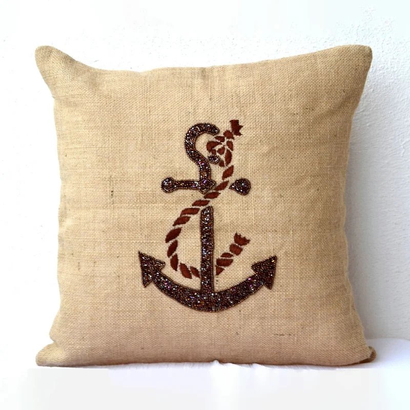 Buy handmade burlap nautical throw pillow covers with anchor sequin