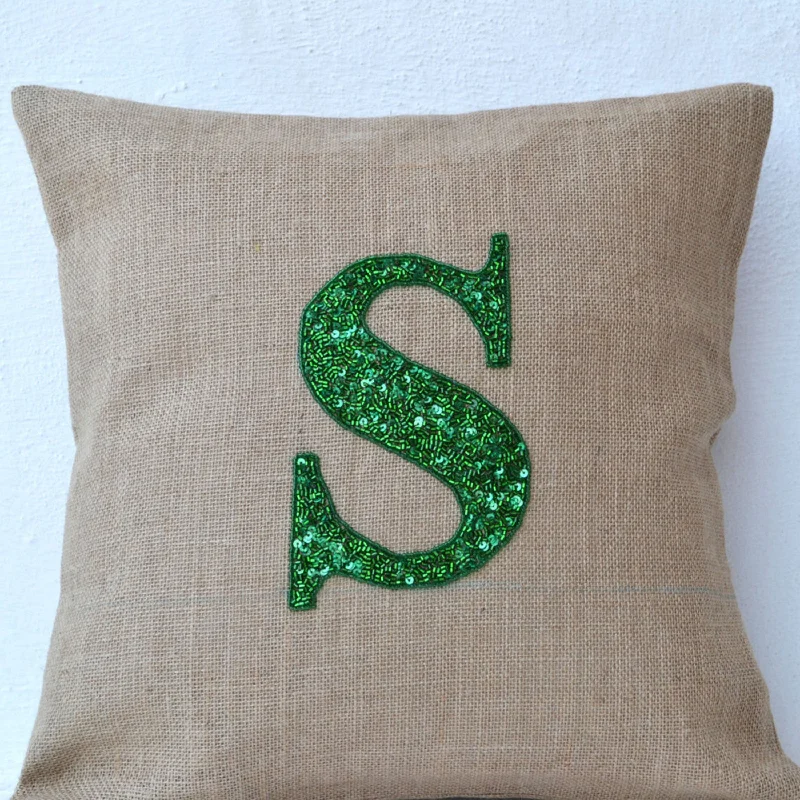 Handmade Sequin Pillow Monogrammed Burlap Cushion Cover