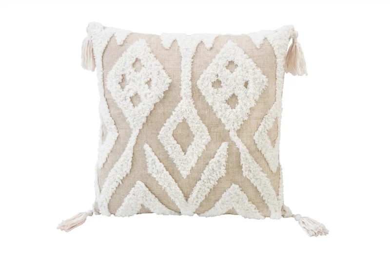 17" X 17" Beige And White Ikat Zippered Polyester Throw Pillow With Tassels