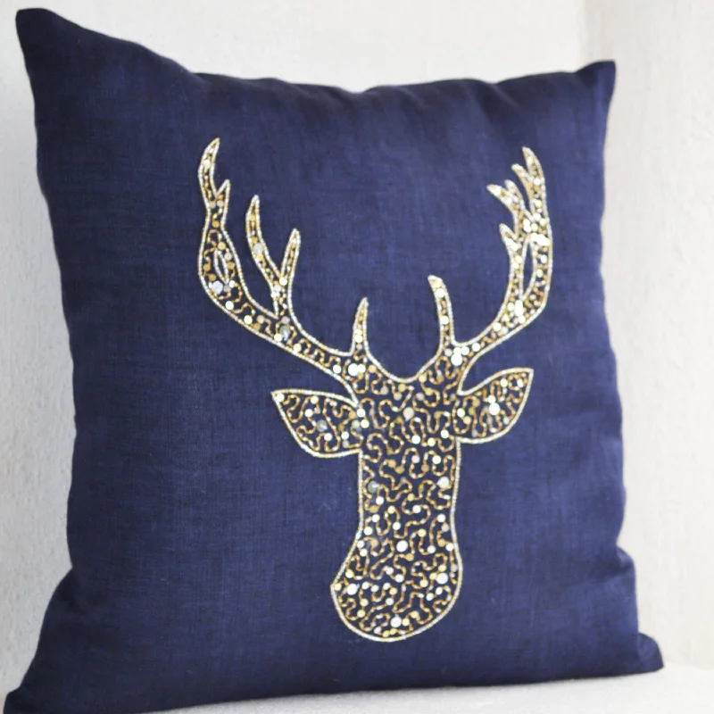 Deer Pillow with Gold Silver Sequins in Linen