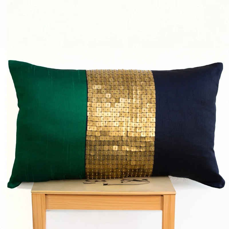 Sequin Decorative Throw Pillow Cover Emerald Green Navy Blue Gold Lumbar Cushion